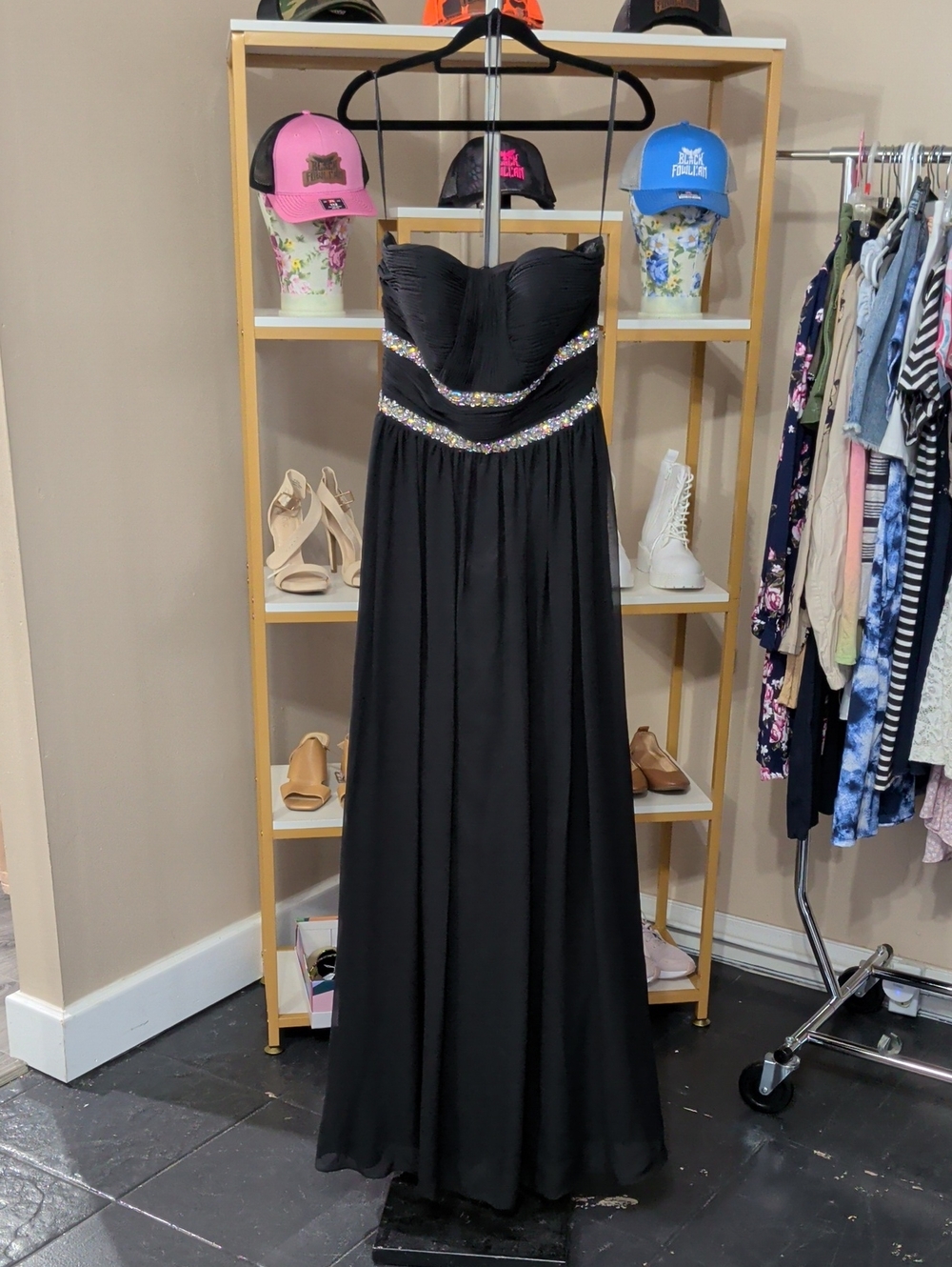 Strapless Black Evening Gown with Beaded Waist